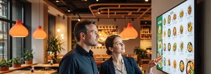 Business owner reviewing customer-facing equipment options with a financing advisor in a modern office setting