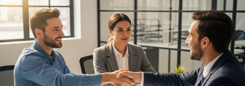 Business professionals reviewing equipment financing agreement in a modern office setting