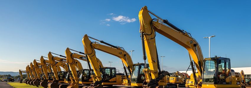 Row of heavy construction excavators available for equipment financing