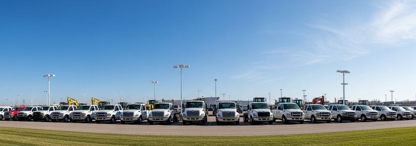 Fleet of commercial vehicles and heavy equipment at a dealership - equipment financing with no down payment