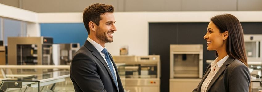 Business professionals reviewing equipment financing options in a commercial showroom