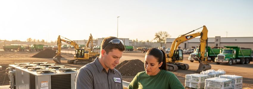 Field service workers reviewing equipment financing options at a job site