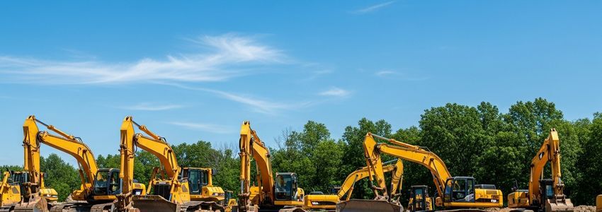 Heavy construction equipment including excavators and machinery at a business equipment yard, illustrating equipment financing options for businesses