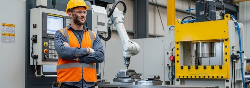 Small business owner inspecting new industrial equipment at a manufacturing facility