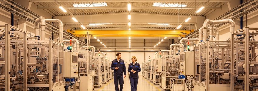 Business owners reviewing equipment financing options in a modern manufacturing facility