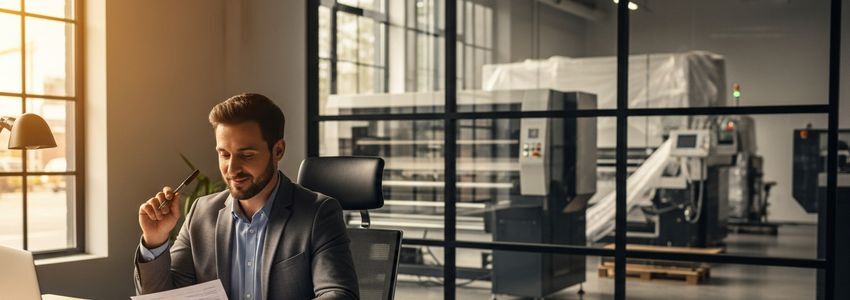 Small business owner reviewing equipment financing documents in modern office