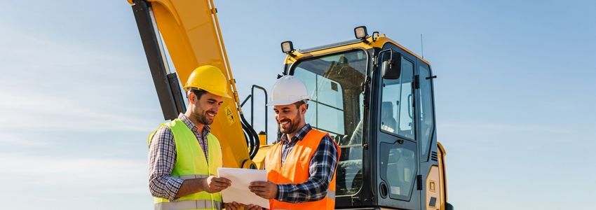 Construction professionals reviewing equipment financing documents beside a yellow excavator at a job site