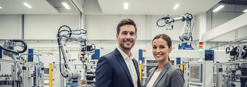 Business professionals reviewing equipment lease agreement with industrial machinery in background