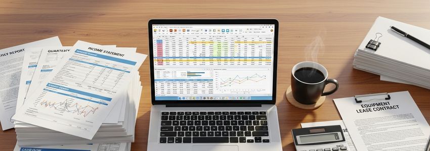 Business professionals reviewing equipment lease budget documents and financial spreadsheets in a modern office