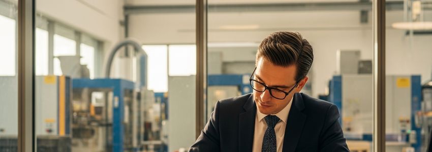 Business professional reviewing equipment leasing documents in a modern office adjacent to industrial facility