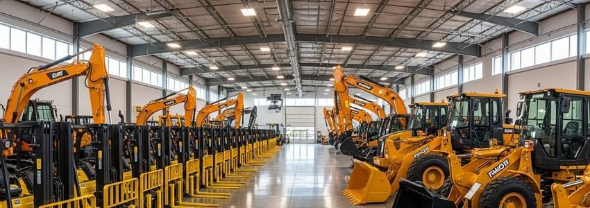 Business professionals reviewing equipment leasing options in a commercial equipment showroom