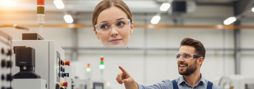 Business professionals reviewing equipment leasing options in an industrial facility