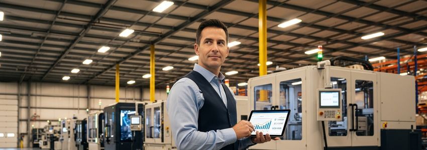 Business owner reviewing equipment financing options in industrial facility
