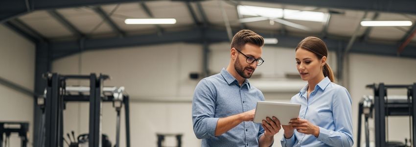 Business professional reviewing equipment financing options in a warehouse facility