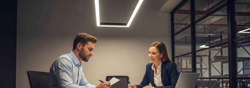 Business owner reviewing equipment leasing documents with financial advisor at conference table