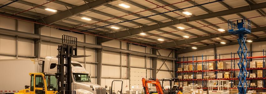 Commercial equipment in a warehouse including forklifts, excavators, and trucks - examples of equipment commonly obtained through leasing