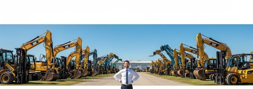 Business owner reviewing equipment lease agreement at a commercial equipment yard
