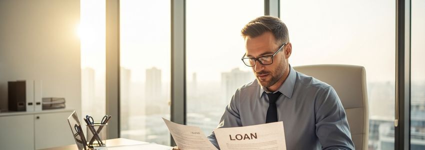 Business owner reviewing equipment loan consolidation documents with financial advisor