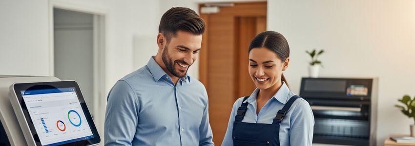 Business owner and employee reviewing new equipment with satisfied results, illustrating how equipment loans improve customer experience