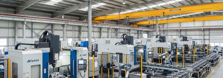 Modern CNC manufacturing floor with industrial production equipment running at full capacity