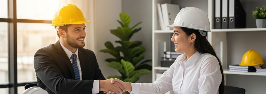 Business owner and lender reviewing equipment rental financing agreement