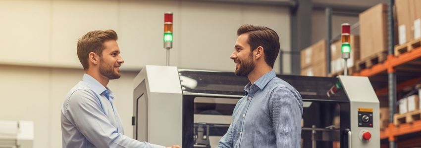 Business owner and equipment vendor shaking hands in a warehouse, representing an equipment financing deal