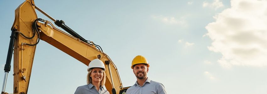 Business owner reviewing equipment financing options with a financial specialist near heavy construction equipment