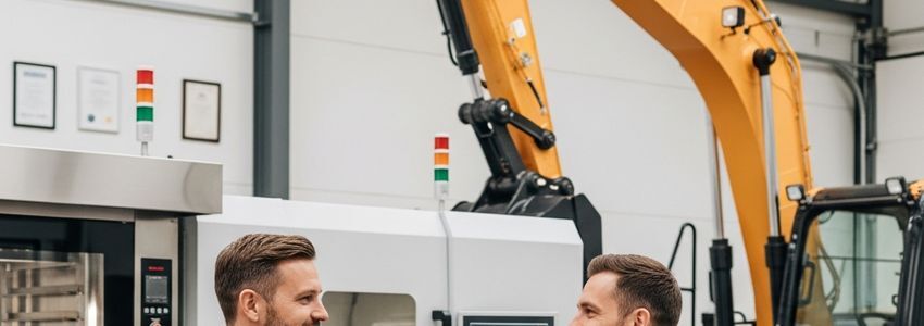 Business owner and financing representative reviewing equipment purchase agreement