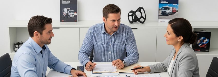 Business professionals reviewing equipment financing documents and options
