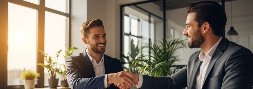 Business owner and advisor reviewing equipment financing agreement in modern office