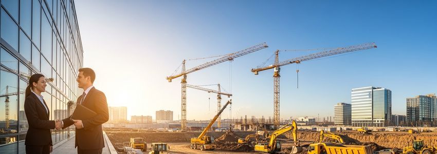 Business professionals discussing equipment financing options at a construction site with heavy equipment visible in the background