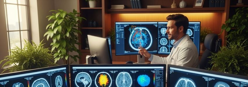 Physician reviewing diagnostic scan results on medical workstation with multiple monitors