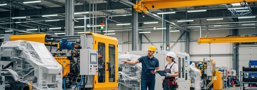 Business owner and technician reviewing equipment in manufacturing facility representing gradual business expansion