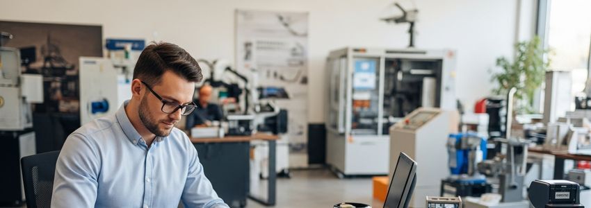 Business professional reviewing equipment financing documents in a modern office workspace with commercial equipment visible