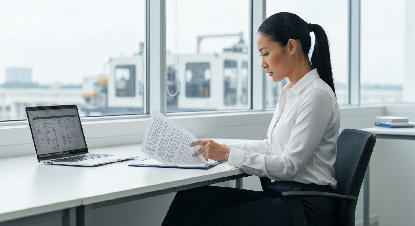 Business owner reviewing equipment financing documents at a modern office desk with industrial equipment visible through the window