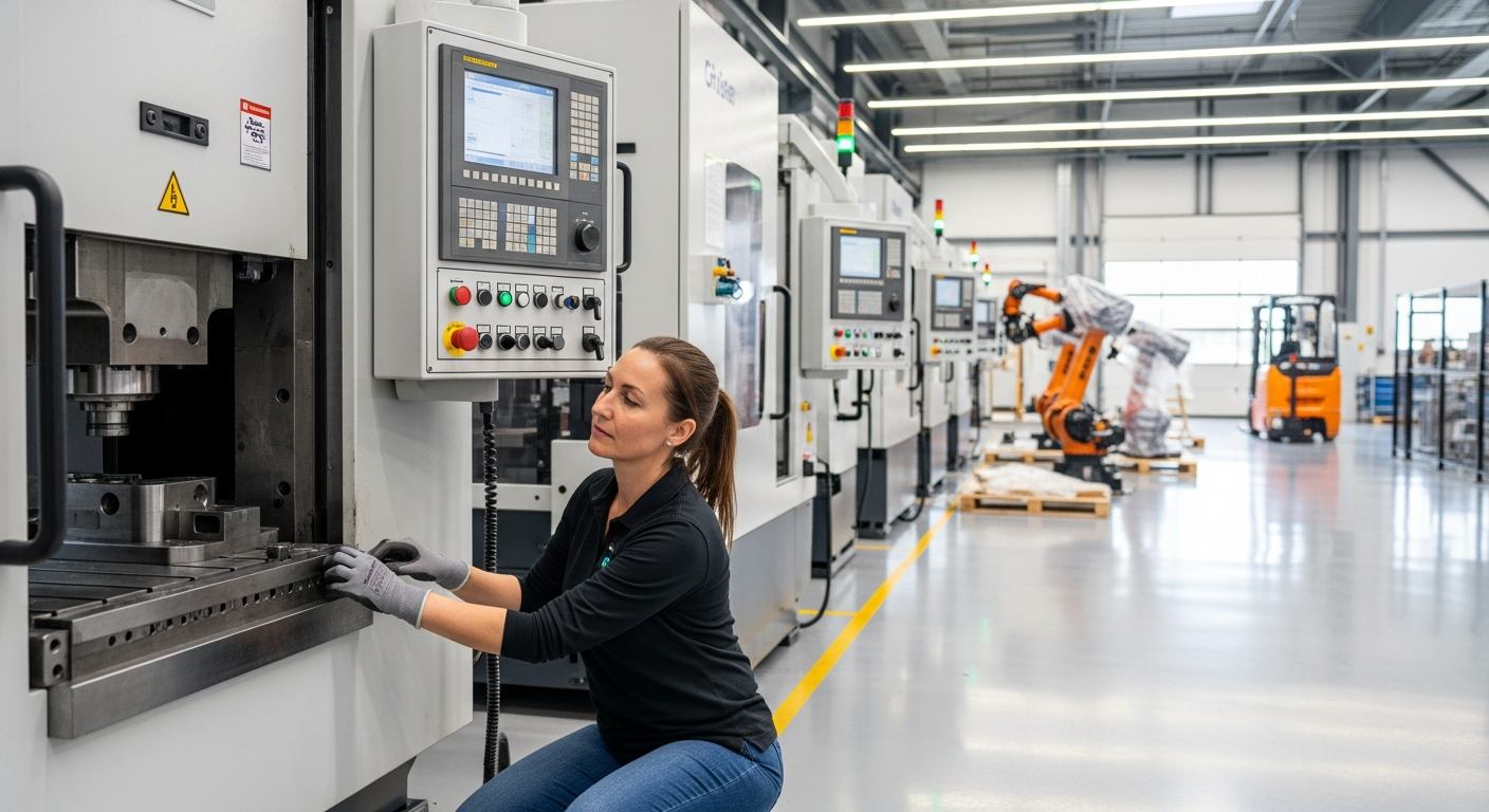 Business owner inspecting new industrial equipment in a modern manufacturing facility