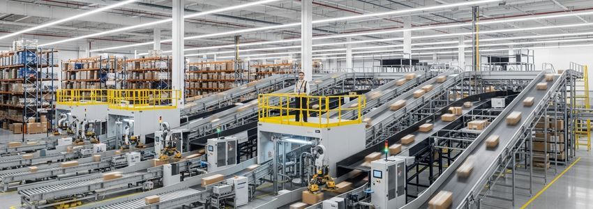 Warehouse automation conveyor system showing labor-saving equipment in operation