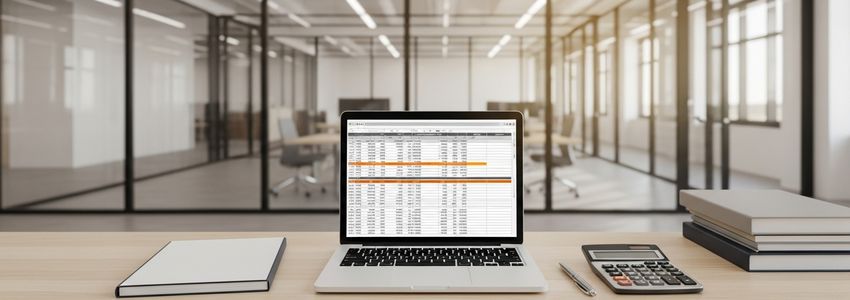 Business advisor reviewing equipment financing and loan documents at a modern office desk