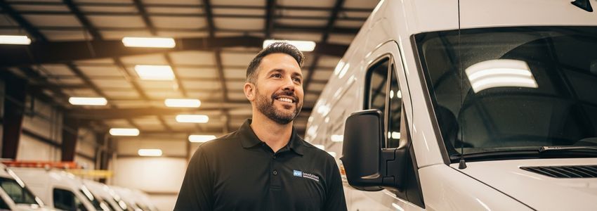 Business owner standing next to a commercial service van in a fleet facility