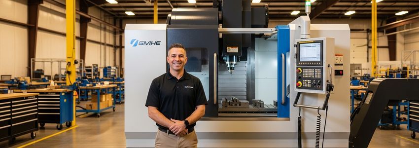 Business owner standing next to new CNC machine after qualifying for zero down equipment financing