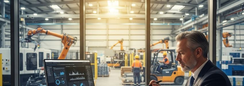 Business professional reviewing equipment financing documents with manufacturing equipment in background