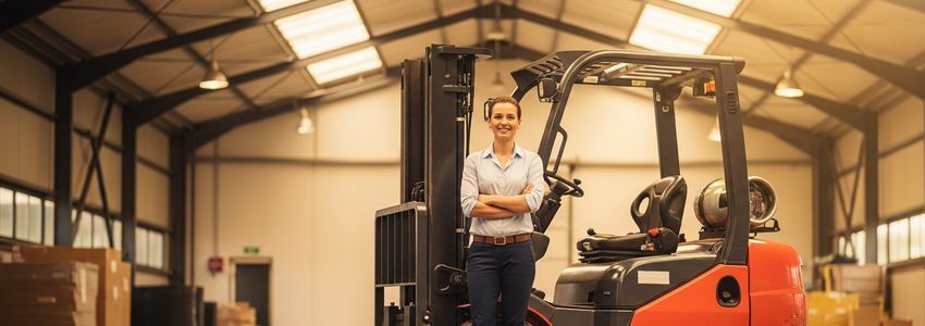 Business owner standing next to a financed forklift in a modern warehouse