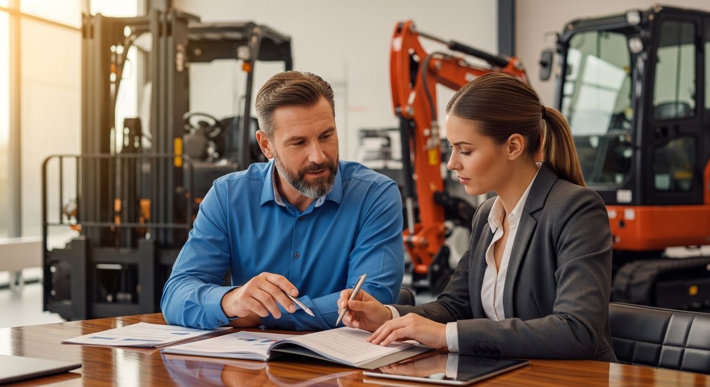 Business owner and financing advisor reviewing equipment financing documents