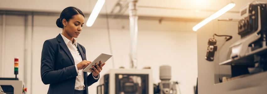 Business owner reviewing equipment financing vs leasing options in commercial workspace