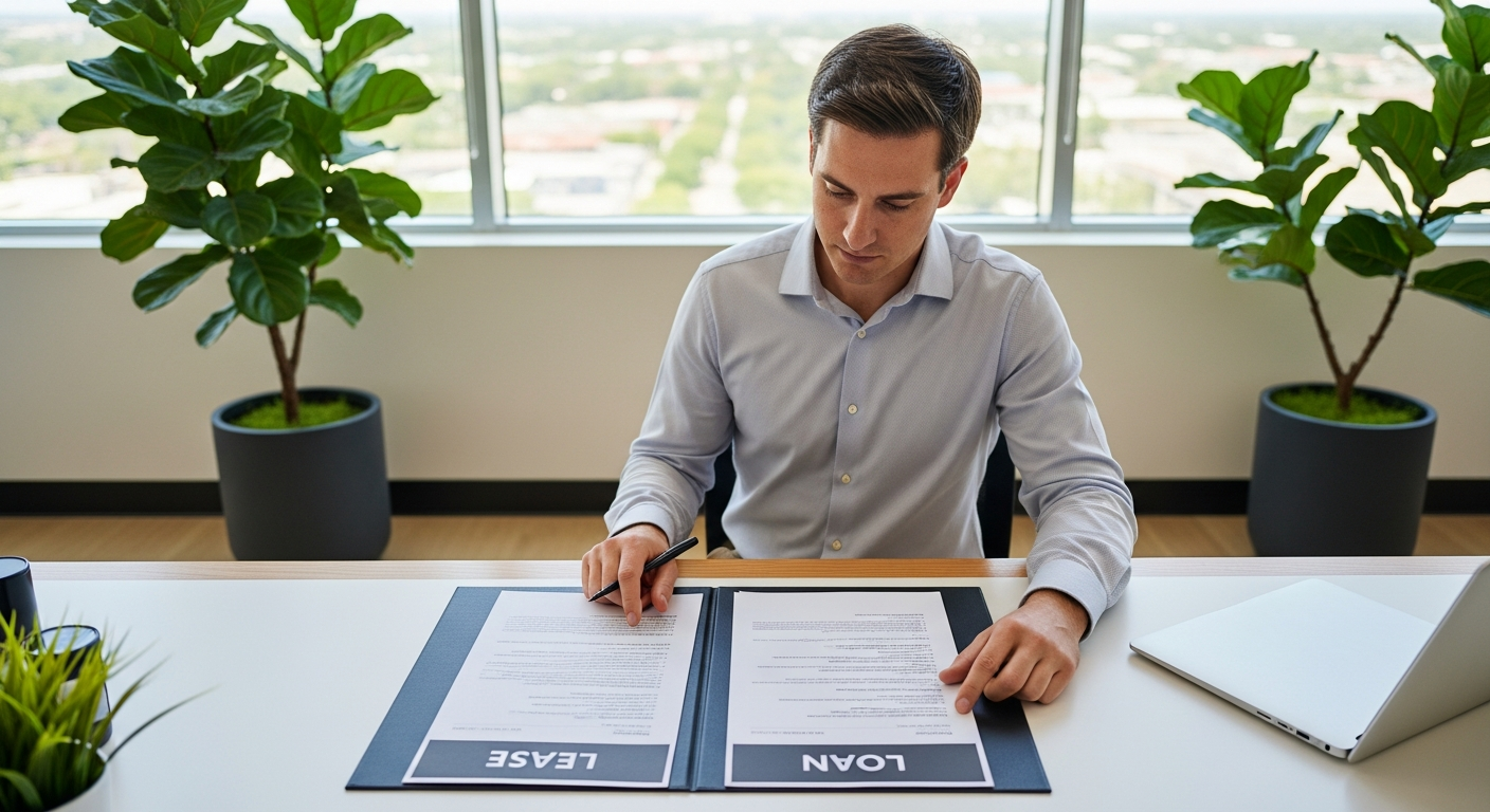 Business owner comparing equipment financing and leasing documents at a modern office desk