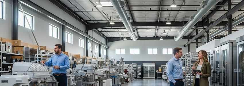 Small business professionals discussing equipment financing options at a commercial equipment showroom