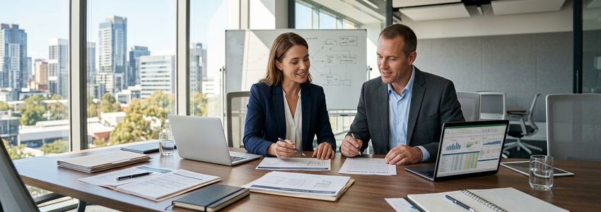 Two business professionals comparing equipment financing and term loan documents in a modern conference room