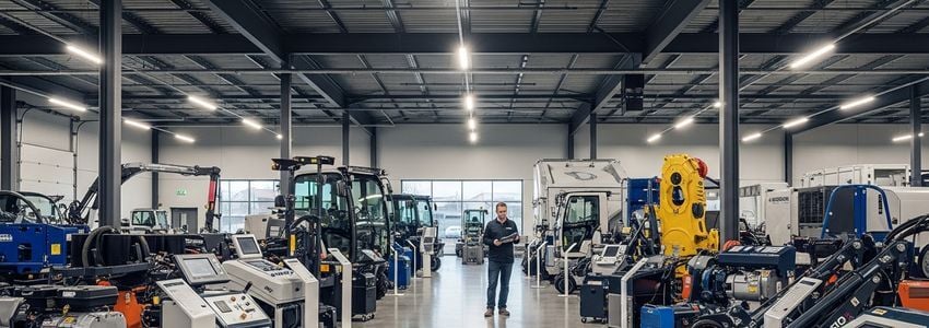 Business owner evaluating equipment financing options in a commercial equipment showroom