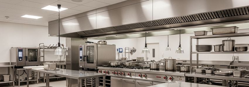 Commercial kitchen equipment in a professional food production facility