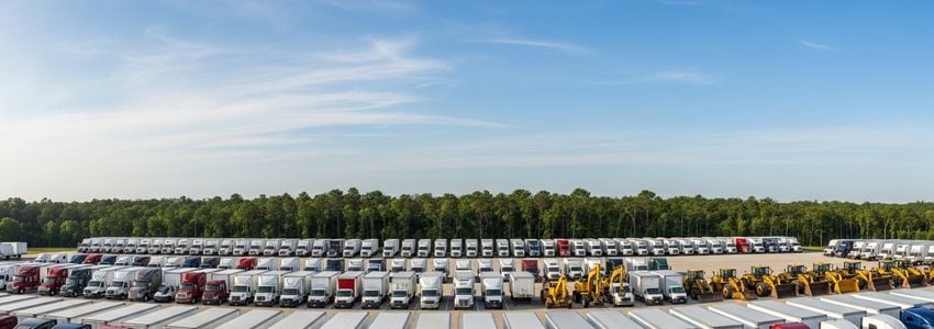 Equipment fleet management yard with commercial trucks and industrial equipment ready for leasing - equipment lease management